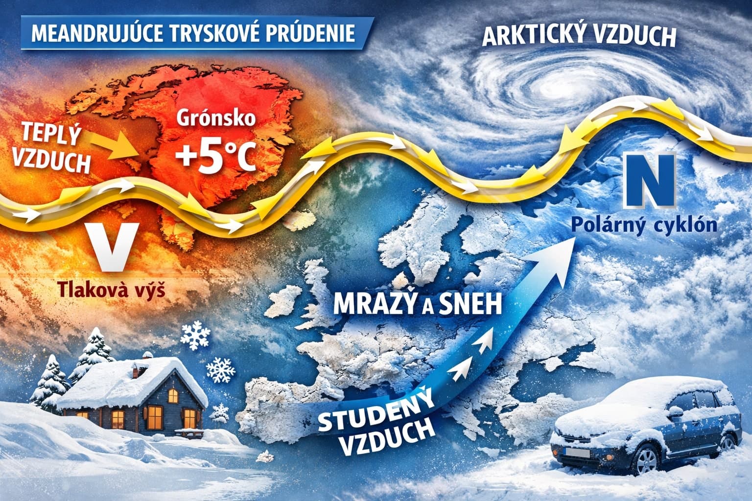 Meandrujúce tryskové prúdenie: arktický mráz v Európe, teplo v Grónsku